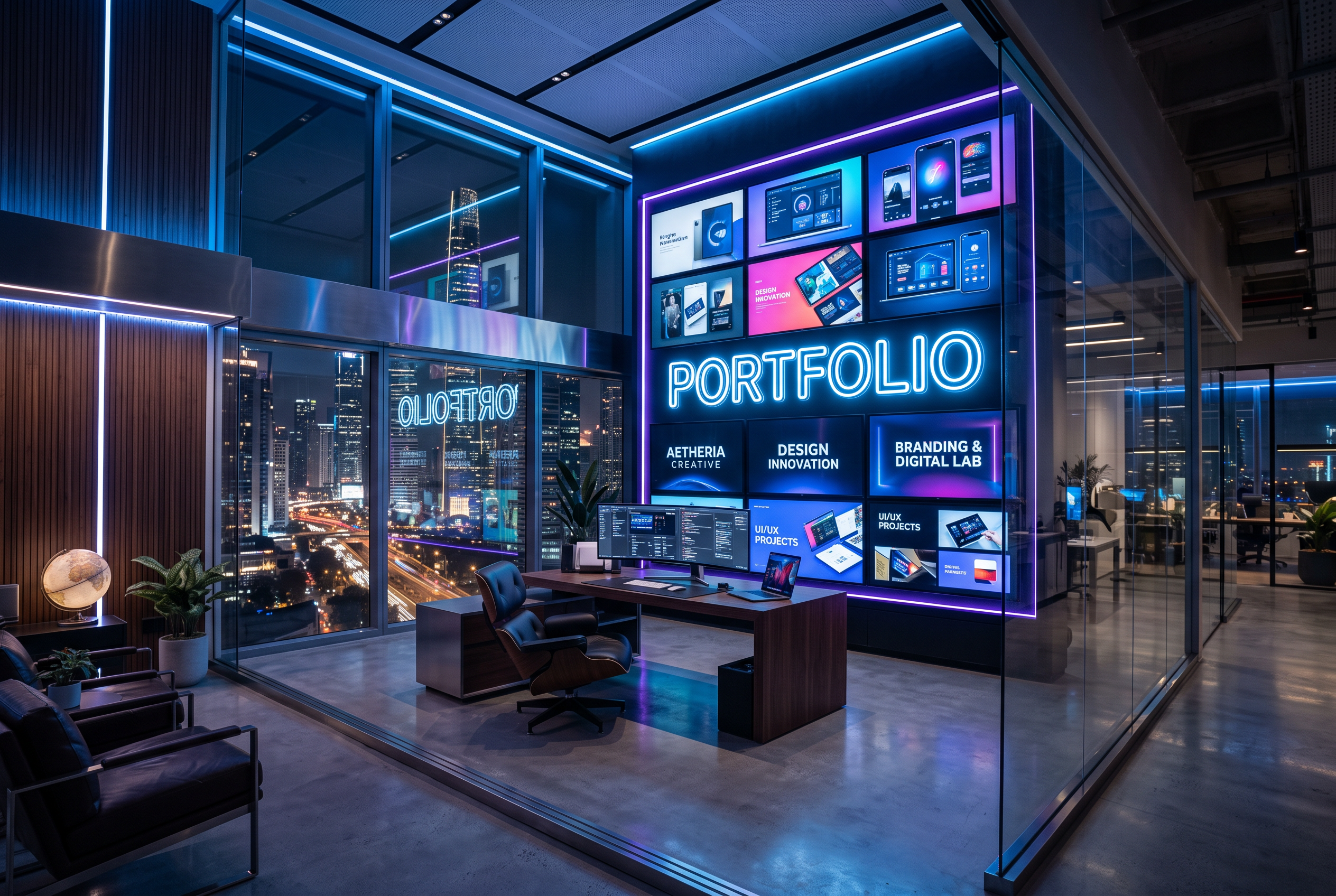 Portfolio DODRICOM — mur de projets illuminé